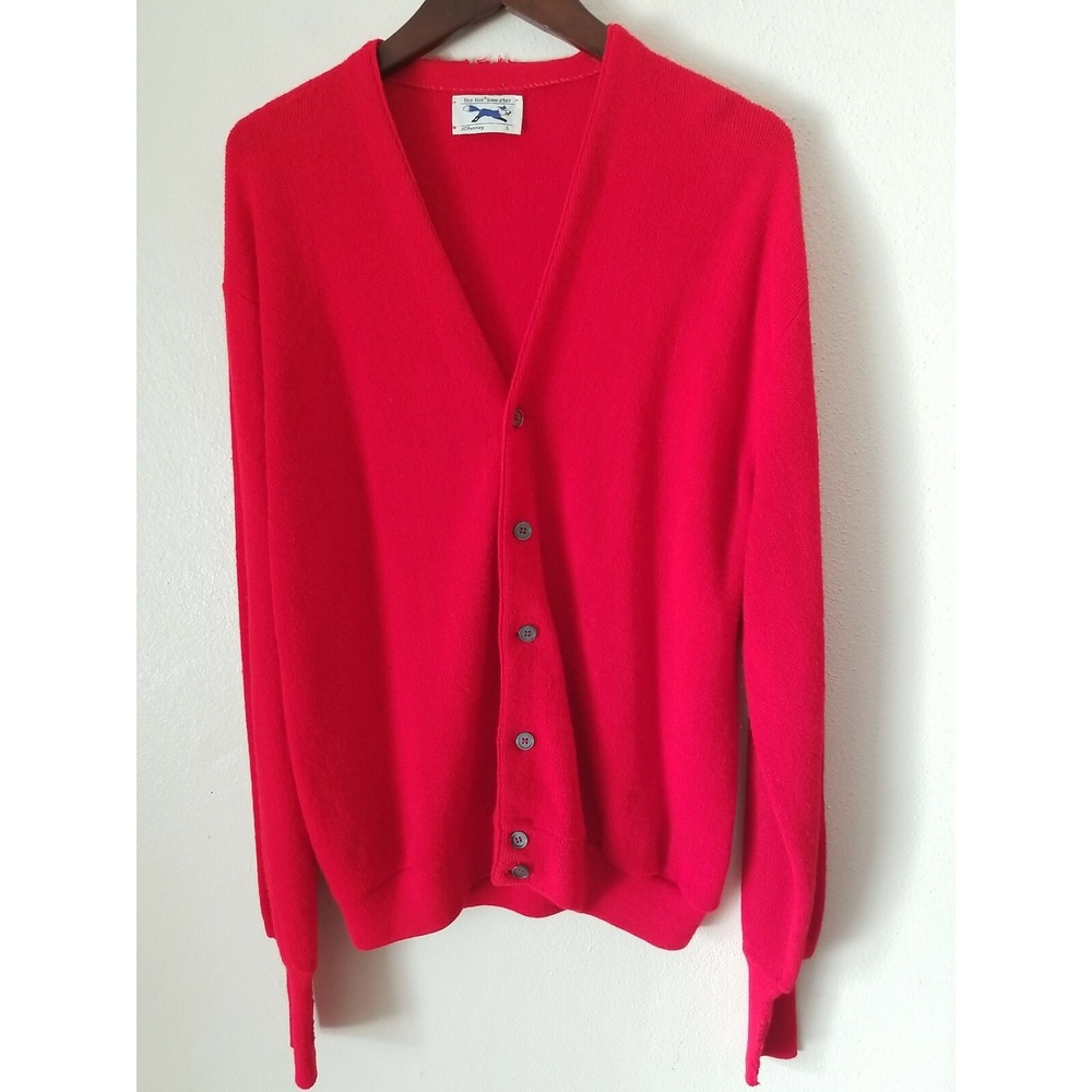 THE FOX SWEATER JC Penney Red V Neck Button Down Orlon Stretch Cardigan Size‎ L